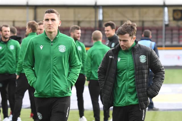 Hibernian's Paul Hanlon and Lewis Stevenson (right) will both sit out the Betfred Cup match against Dundee as they recover from injury. Photo by Alan Harvey/SNS Group