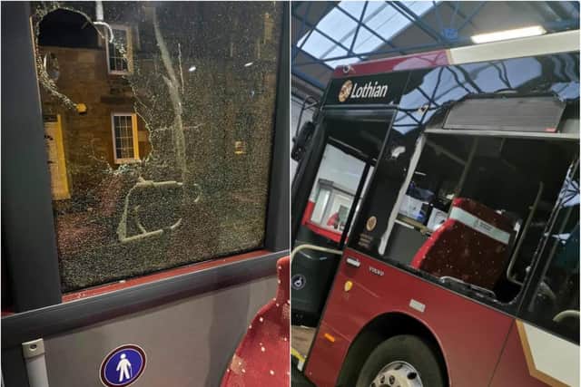 Large stones were thrown through several bus windows on Monday night.