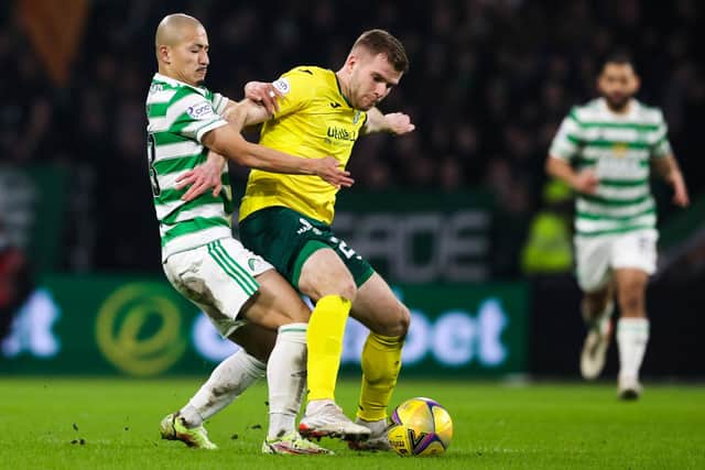 Celtic’s Daizen Maeda and Hibs right-back Chris Cadden in action at Celtic Park