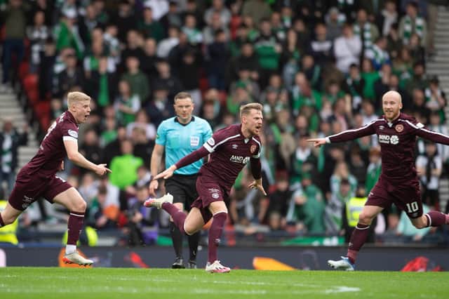 Stephen Kingsley celebrates after putting Hearts 2-0 up against Hibs in the Scottish Cup semi-final. Picture: SNS