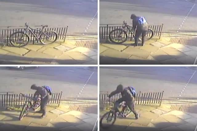Footage recovered from the bistro’s CCTV cameras shows the hooded man, dressed in dark clothing and carrying a black backpack, confidently stride up to the bike at 9:18am, before swiftly breaking through its lock and riding off on it.