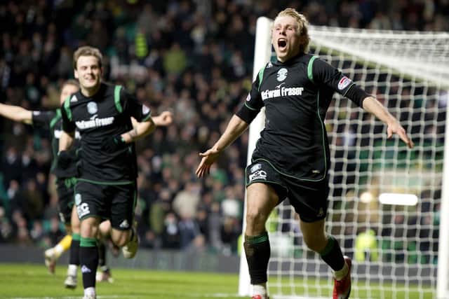 Danny Galbraith celebrates having scored the winning goal for Hibs against Celtic in January 2010. Picture: SNS