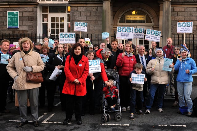 Members of the Gorgie Dalry Community Centre held a protest outside the Dalry Swim Centre in October 2010, against the proposal by Edinburgh City Council to close it down. They were ultimately successful, with the baths still open to this day.