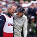 Matt Fitzpatrick celebrates his US Open with with caddie Billy Foster. Picture: Warren Little/Getty Images.