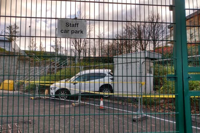 Emergency services were called to the school on Baberton Mains Wynd shortly after drop-off yesterday, after it emerged that a car had struck the stone structure housing the gas mains.