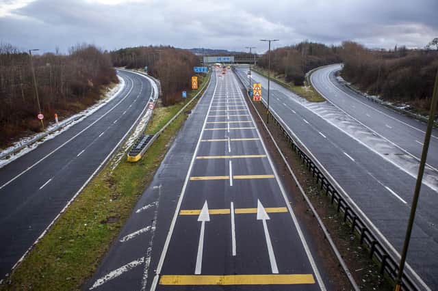 Rush Hour at Hermiston Gait J1 of M8 in to Edinburgh is deserted as people stay home under new lockdown travel restrictions