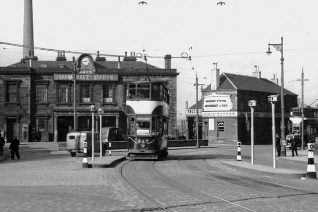 Edinburgh tram No. 347, pictured outside Haymarket Station in 1955.