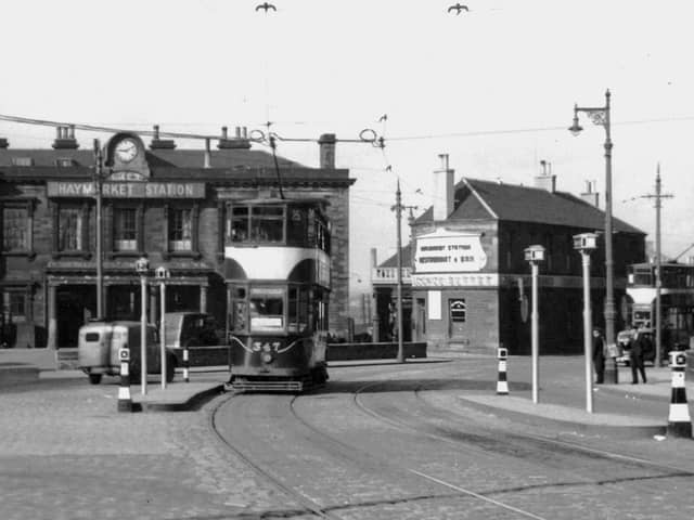 Edinburgh tram No. 347, pictured outside Haymarket Station in 1955.