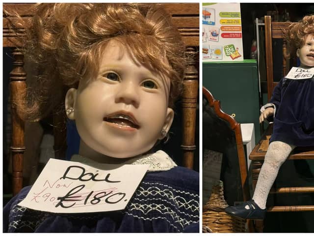 Edinburgh locals have said they will have sleepless nights after this creepy-looking doll was spotted in the window of a charity shop. Photos: Ms Marchmont / X