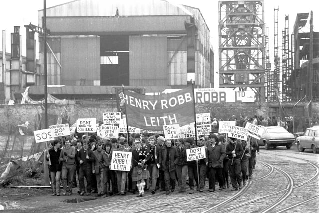 The entire workforce of Henry Robb Shipyard, threatened with more than 400 redundancies, marched through Leith on April 8, 1983, to raise public support for their fight to save jobs, and to save the last surviving shipbuilding yard on the Forth.
