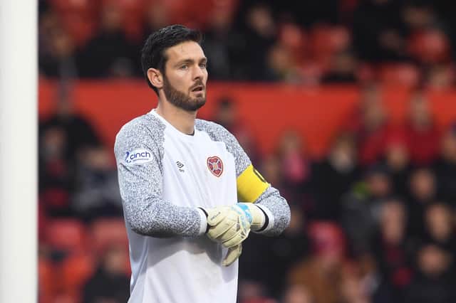 Craig Gordon in action for Hearts at Aberdeen.