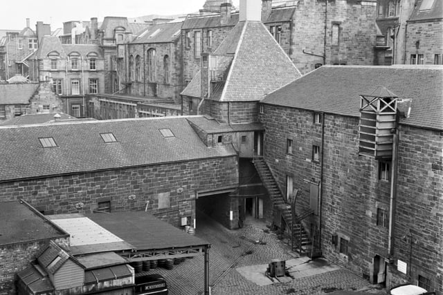 Looking into the yard of Whitbread's Archibald Campbell, Hope & King brewery (Argyle brewery) in Chambers Street Edinburgh in March 1971.