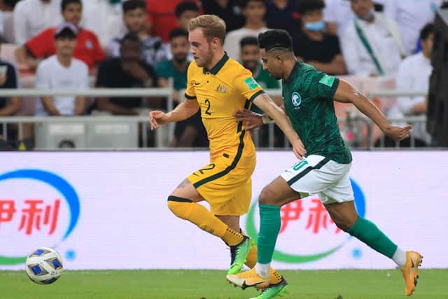 Hearts full-back Nathaniel Atkinson in possession during his debut for the Australian national team. Picture: Getty