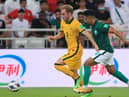 Hearts full-back Nathaniel Atkinson in possession during his debut for the Australian national team. Picture: Getty