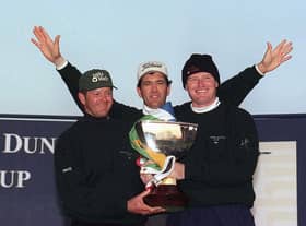 South African trio Retief Goosen, Ernie Els and David Frost celebrate winning the 1998 Dunhill Cup at St  Andrews. Picture: Ian Stewart/AFP via Getty Images.
