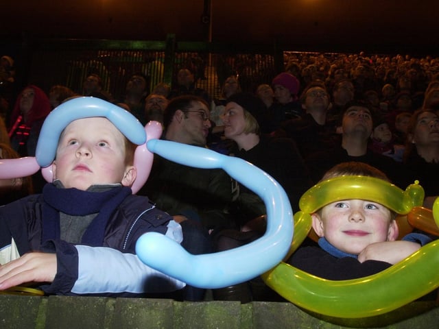 Andrew Fraser (left) and Stuart Robertson enjoy the fireworks display hosted by Edinburgh Leisure to mark Guy Fawkes Night at the Meadowbank Stadium in 2002.