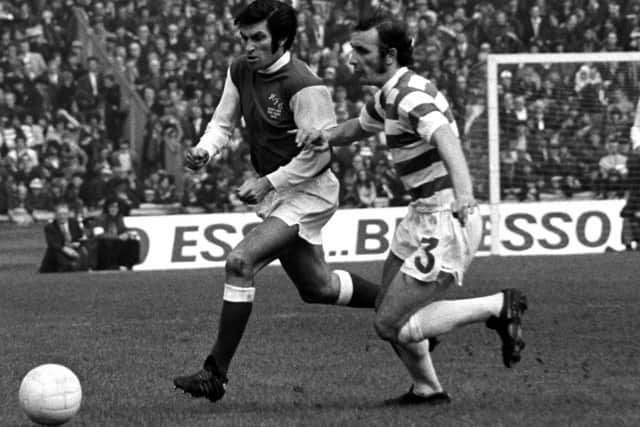 Hibs' Bertie Auld challenges for the ball with Jim Brogan in the 1972 Scottish Cup final, which Celtic won 6-1