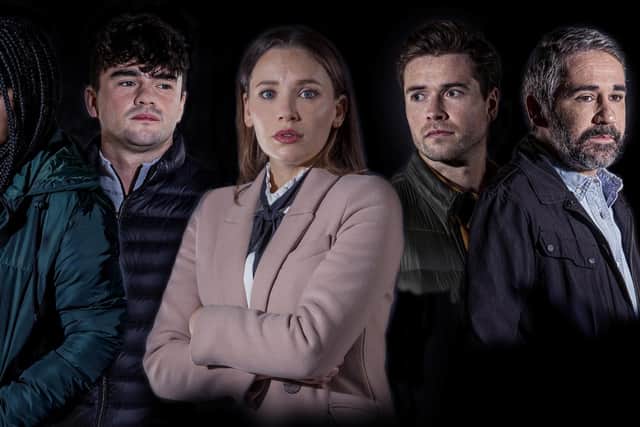 The suspects: Stevie (Iain Robertson), Ruby (Zindzi Hudson), Cameron (Michael Wallace) and Tyler (Cameron Fulton)