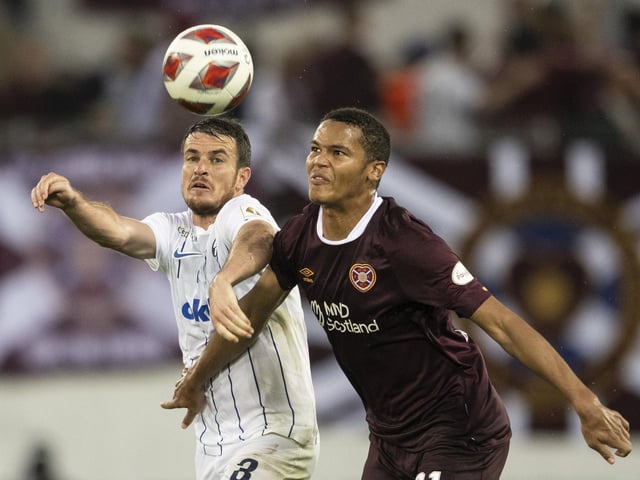 Zurich's Adrian Guerrero, left, fights for the ball with Hearts' Toby Sibbick.
