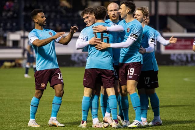 KIRCALDY, SCOTLAND - APRIL 30: Hearts' Eqan Henderson (centre) celebrates his goal during a Scottish Championship match between Raith Rovers and Hearts at Starks Park,  on April 30, 2021, in Kircaldy, Scotland.  (Photo by Paul Devlin / SNS Group)