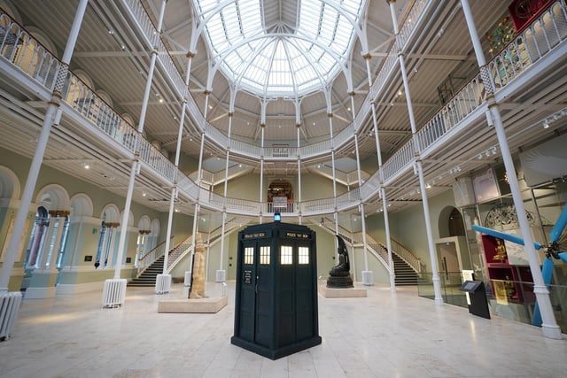 Doctor Who's iconic time-travel machine, The Tardis, arrives at the Grand Gallery at the National Museum of Scotland. Image: Stewart Attwood