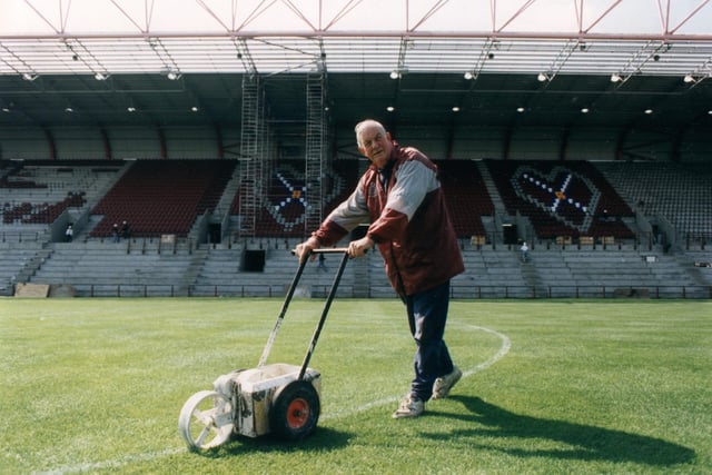 Hearts groundsman Willie Montgomery , who retired in August, 1994 after 40 years of looking after the Tynecastle pitch.
