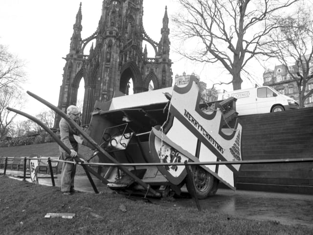 Vandals damaged Santa Claus's sleigh by pushing it down the steps in Princes Street gardens Edinburgh in December 1988.