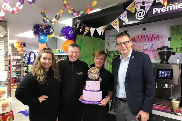 The Williams family celebrates 40 years of their 'community focused' shop this week. From left to right: Sophie Williams, Dennis Williams, Linda Williams and local Labour councillor Scott Arthur. 
The Williams family are described as ‘local legends’ by many of their customers and together with their team of 15 staff are known for the friendly atmosphere they create. Opened in 1983 as the Broadway Star Supermarket by Dennis’ parents, Kenneth and Barbara Williams,  it has operated under the Premier banner since 1997.