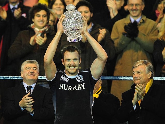 Al Killock of Scotland lifts the trophy after securing the victory in the Bank of Scotland Corporate Autumn Tests match between Scotland and Australia on 21 November, 2009.