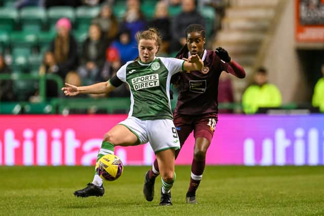 Hibs' Eilidh Adams battles for possession with Hearts' Vyan Sampson during the SWPL 1 match at Easter Road. Picture: Malcolm Mackenzie