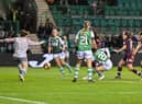 Crystal Thomas scores a late equaliser for Hibs in the inaugural Capital Cup. Picture: Malcolm Mackenzie