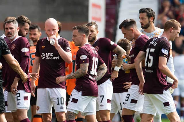 The Hearts squad taking a water break during the 4-1 win over Dundee United in August. Picture: SNS