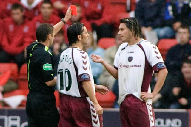 The red card just about summed up Pinilla's time at Tynecastle. Picture: SNS