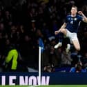 Scott McTominay celebrates making it 1-0 to Scotland during the European Championships qualifier against Spain. Picture: SNS