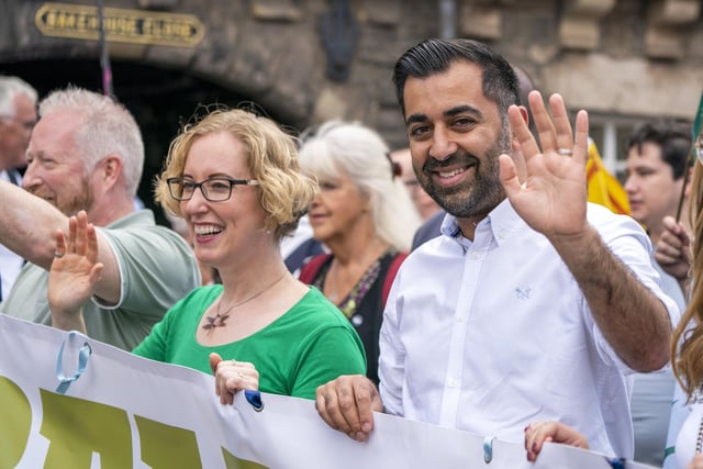 First Minister of Scotland Humza Yousaf and co-leader of the Scottish Green Party Lorna Slater (centre) take part in a Believe in Scotland march from Edinburgh Castle in Edinburgh. Picture date: Saturday September 2, 2023. Photo: Jane Barlow/PA Wire