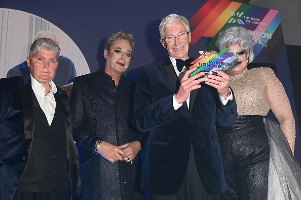 Linda Riley, Julian Clary, Paul O'Grady and Victoria Scone attend the Rainbow Honours at 8 Northumberland Avenue on June 01, 2022 in London, England.
