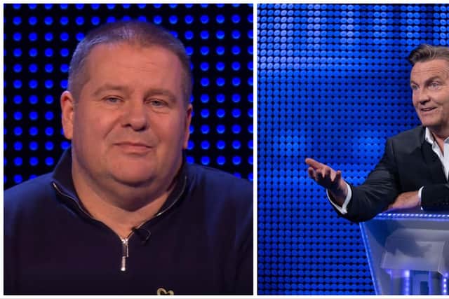 Jim, left, who works at Edinburgh Airport, won nearly £7K on ITV show The Chase, hosted by Bradley Walsh, right. Photos; ITV