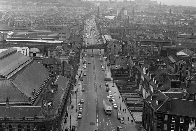 Aerial of Leith Walk in Edinburgh, showing the old railway bridge (no longer there) and the foot of Leith Walk looking north to Princes Street in October 1977.