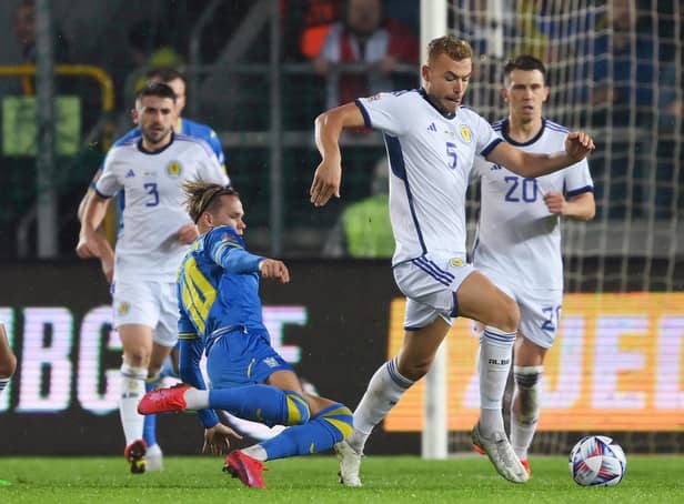 Hibs defender Ryan Porteous is challenged by Mykhaylo Mudryk of Ukraine on his debut for Scotland. Picture: Adam Nurkiewicz/Getty
