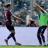 Aaron Hickey of Bologna celebrates a third goal during the Serie A match between Bologna FC v SS Lazio at Stadio Renato Dall'Ara on October 03, 2021 in Bologna, Italy. (Photo by Marco Rosi - SS Lazio/Getty Images)