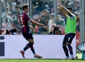 Aaron Hickey of Bologna celebrates a third goal during the Serie A match between Bologna FC v SS Lazio at Stadio Renato Dall'Ara on October 03, 2021 in Bologna, Italy. (Photo by Marco Rosi - SS Lazio/Getty Images)