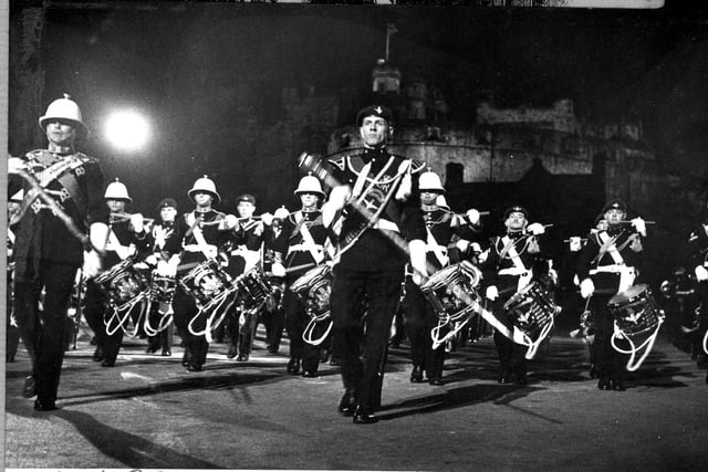 The Marine & Parachute Regiment Band on the Castle Esplanade performing at the 1962 Military Tattoo.