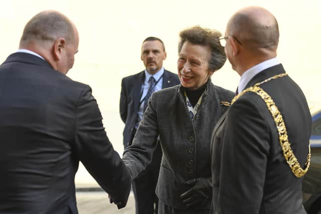 Martin Perry, Director of Development Nuveen and the Lord Provost, Cllr Robert Aldridge meet and greet Princess Anne, Princess Royal as she arrives onto Elder Street during a VIP tour of St James Quarter. Photo by Euan Cherry/Getty Images for St James Quarter