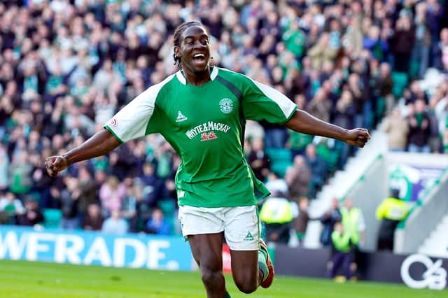 Clayton Donaldson celebrates his hat-trick against Kilmarnock in a 4-1 win at Easter Road in September 2007. Pic: Kenny Smith