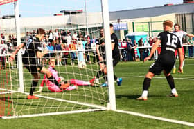 Spartans equalise as Jame Leslie's goalline clearance cannons off his own player, Ayrton Sonkur, and back into the net. Picture: William McGillivray / SFC