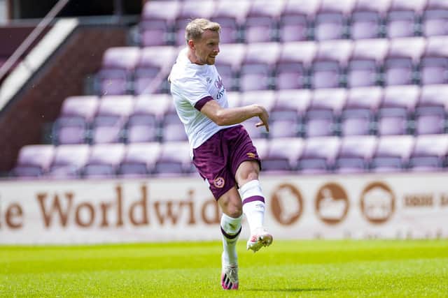 Stephen Kinglsey puts Hearts 1-0 up during Saturday's pre-season friendly match between Hearts and Crawley Town. Picture: SNS