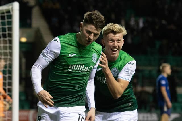 Doig celebrates with Kevin Nisbet after the pair combined for the winner against Cove