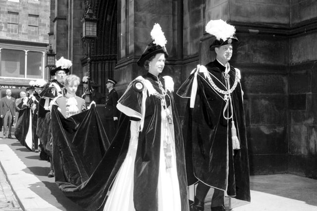 Queen Elizabeth II and Prince Philip at the knights of the Thistle installation ceremony at St Giles Cathedral, Edinburgh, in 1966.