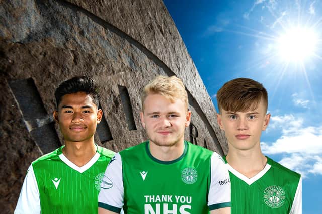 Hibs trio Josh Currie, centre, Yrick Gallantes, and Oscar MacIntyre are in line for season-long loan moves to Civil Service Strollers - but only after the two sides meet in a pre-season friendly