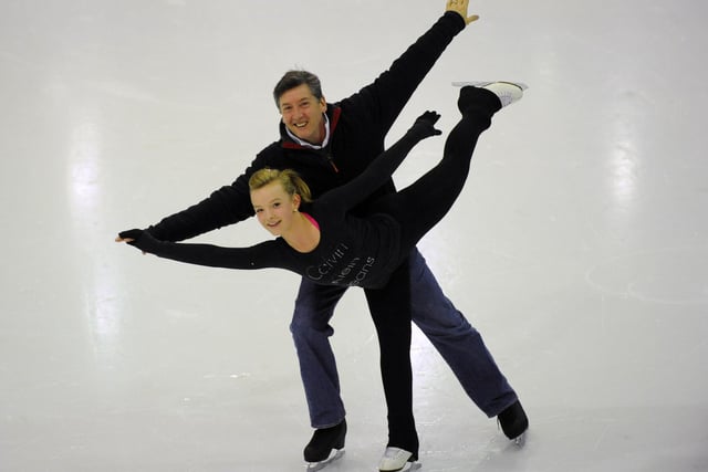 Robin Cousins, former Olympic Ice skating star, coaches young Scottish ice skater Lana Bagen (14) at Murrayfield Ice Rink in 2011.